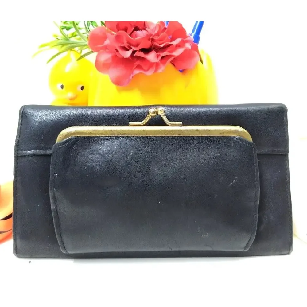 Buxton Black Leather Kisslock Credit Card ID Window Trifold Wallet